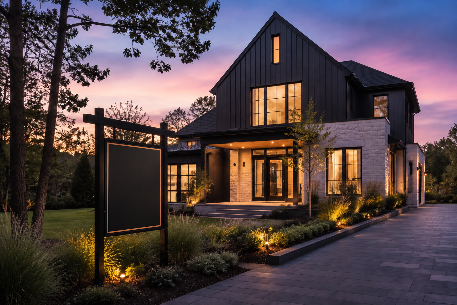Maison contemporaine avec une pancarte immobilière au crépuscule