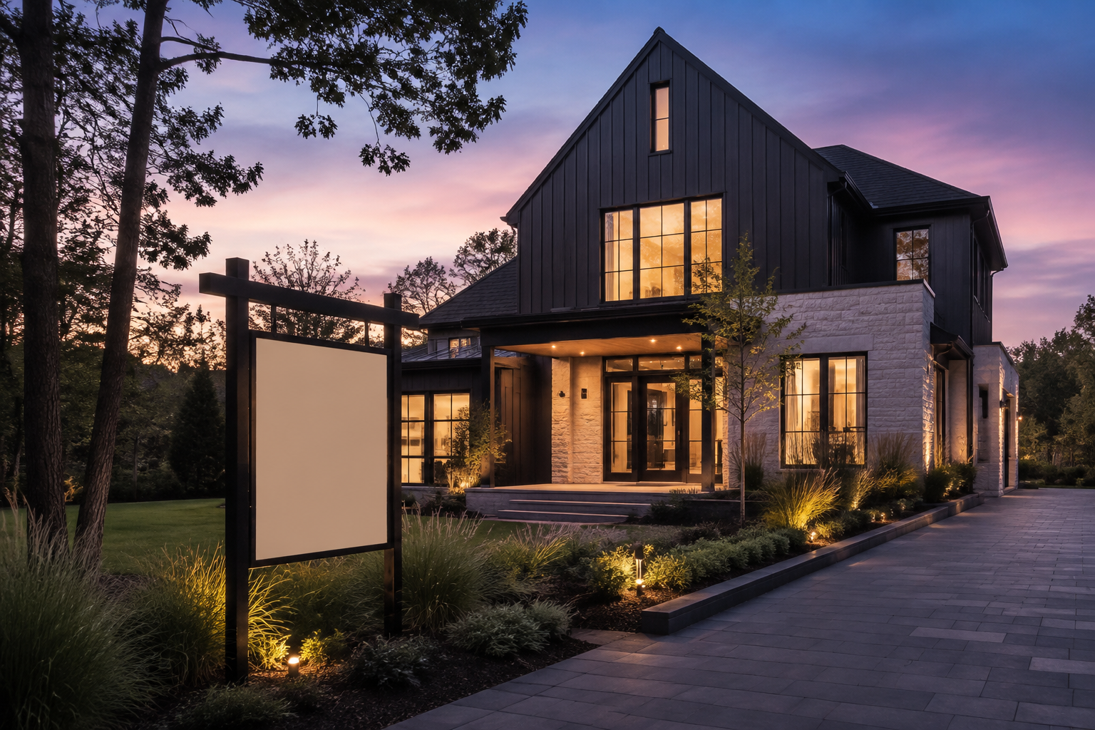 Maison contemporaine avec une pancarte immobilière au crépuscule